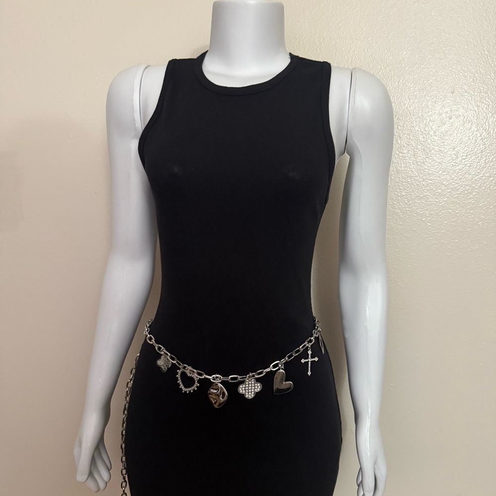 Silver tone metallic charm skinny chain belt - Picture 3 of 9